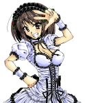  1girl breasts brown_hair cleavage maskman medium_breasts short_hair solo suzumiya_haruhi suzumiya_haruhi_no_yuuutsu v 