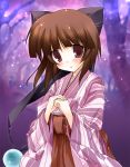  1girl arrow_print bow brown_hair dress forest hair_bow hakama hands_clasped hime_cut japanese_clothes kimono looking_at_viewer meiji_schoolgirl_uniform nature print_dress print_kimono red_eyes red_hakama solo tororo yagasuri 