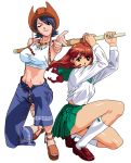  2girls asuka_(viper) black_eyes blue_hair breasts brown_hair cowboy_hat crop_top finger_gun footwear full_body hat jewelry katsura_ken&#039;ichirou kneehighs kneeling large_breasts midriff miki_(viper) multiple_girls nail_polish necklace one_eye_closed pants red_nails sandals school_uniform serafuku shinai short_hair skirt smile socks sword unbuttoned viper viper_ctr viper_v10 weapon western wind wink 