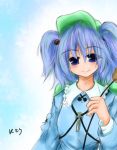  1girl blue_dress blue_eyes blue_hair blush collar dress female flat_cap frilled_collar frills hair_bobbles hair_ornament hat kawashiro_nitori key long_sleeves looking_at_viewer simple_background smile solo touhou two_side_up upper_body white_background 