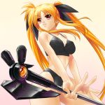  1girl ayato bardiche blonde_hair bow bra breasts fate_testarossa gradient gradient_background hair_bow lingerie long_hair lyrical_nanoha mahou_shoujo_lyrical_nanoha mahou_shoujo_lyrical_nanoha_strikers panties red_eyes simple_background solo twintails underwear very_long_hair weapon 