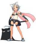  1girl animal_ears armband belt bikini black_eyes blush cat cat_ears cat_tail elbow_gloves fantasy fingerless_gloves gloves midriff one-piece_tan original petite pouch scarf shadow shoes short_hair silver_hair sneakers solo source_request swimsuit tail tan tanline wang-pac white_hair 