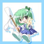 1girl :o blue_skirt blush border chibi detached_sleeves female frog_hair_ornament full_body full_moon green_eyes green_hair hair_ornament inasaki_shirau kochiya_sanae long_sleeves looking_at_viewer moon nontraditional_miko oonusa open_mouth pentagram simple_background skirt solo star touhou white_background