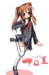  1girl aloe aloe_(quiz_magic_academy) animal_ears black_shoes bow bowtie brown_hair cat_ears character_name copyright_name dress futaru_usagi hand_on_own_face index_finger_raised long_hair long_sleeves mary_janes quiz_magic_academy red_bow red_bowtie red_eyes school_uniform shoes short_dress sidelocks sketch solo standing standing_on_one_leg thigh-highs twintails white_legwear 