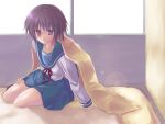  1girl alternate_eye_color bangs bed blanket blue_skirt blurry blush bokeh brown_shoes closed_mouth depth_of_field eyebrows eyebrows_visible_through_hair indoors kodamasawa_izumi long_sleeves looking_at_viewer miniskirt nagato_yuki purple_hair red_ribbon ribbon school_uniform serafuku shoes short_hair sitting skirt solo suzumiya_haruhi_no_yuuutsu violet_eyes window yokozuwari 