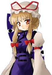  1girl bangs blonde_hair bow female gap hair_bow hat hat_ribbon juliet_sleeves long_sleeves looking_at_viewer miyabe_kotomi miyabe_makoto mob_cap orange_eyes puffy_sleeves red_bow red_ribbon ribbon sidelocks simple_background smile solo standing tabard touhou white_background wide_sleeves yakumo_yukari 