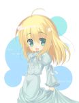  1girl ahoge blonde_hair blue_dress blue_eyes cowboy_shot dress fate/stay_night fate_(series) juliet_sleeves long_sleeves looking_at_viewer omiso omiso_(omiso) puffy_long_sleeves puffy_sleeves saber simple_background solo white_background 