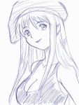  00s 1girl beret breasts cleavage gear_fighter_dendou gear_senshi_dendou hat lipstick makeup monochrome purple smile solo tank_top vega_(dendoh) 