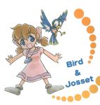  1girl animal bird blue_eyes brown_hair character_name dress full_body gem jewelry josette looking_at_viewer necklace outstretched_arms pendant pink_dress shoes short_sleeves simple_background solo white_background wonder_project_j2 