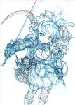  1girl armor blue boots braid breasts cleavage corset dragon from_above garter_straps gauntlets hairband monochrome nishieda skirt smile solo sword thigh-highs twin_braids weapon 