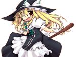 1girl blonde_hair blush bow braid broom brown_eyes curiosities_of_lotus_asia female frills hair_bow hat hat_bow kirisame_marisa long_hair one_eye_closed open_mouth side_braid single_braid solo take_tonbo touhou witch witch_hat wrist_cuffs 