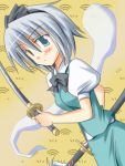  1girl blue_eyes bow dual_wielding female hair_ribbon hairband hitodama katana konpaku_youmu konpaku_youmu_(ghost) lowres ribbon short_hair silver_hair skirt solo sword toshihiro touhou weapon 