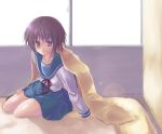  1girl blanket kodamasawa_izumi lens_flare nagato_yuki purple_hair school_uniform serafuku short_hair sitting skirt solo suzumiya_haruhi_no_yuuutsu violet_eyes window 