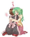  1boy 1girl couple crossdressinging green_hair hetero higurashi_no_naku_koro_ni hug kusunoki_kotori lowres maebara_keiichi ponytail sonozaki_mion 