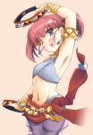  1girl ;d arm_up armlet armpits atlus bard bard_(sekaiju) belt blush bracer choker earrings green_eyes heart heart_in_mouth instrument jewelry midriff one_eye_closed open_mouth pink_hair see-through sekaiju_no_meikyuu smile solo tambourine twintails 