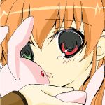  1girl face green_eyes heterochromia long_hair lowres lyrical_nanoha mahou_shoujo_lyrical_nanoha mahou_shoujo_lyrical_nanoha_strikers oekaki orange_hair rabbit red_eyes solo stuffed_animal stuffed_toy vivio yu_yu 