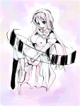  1girl breasts carim_gracia erect_nipples impossible_clothes large_breasts long_hair lyrical_nanoha mahou_shoujo_lyrical_nanoha mahou_shoujo_lyrical_nanoha_strikers monochrome purple single_shoe sitting solo torn_clothes yu_yu 