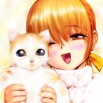  1girl blush brown_eyes cat creepy dead_or_alive ebina_souichi kasumi_(doa) one_eye_closed open_mouth orange_hair smile solo sweater tecmo uvula wink 