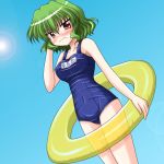  1girl blush bococho breasts embarrassed female frown green_hair innertube kazami_yuuka lens_flare name_tag one-piece_swimsuit red_eyes school_swimsuit short_hair solo sun swimsuit touhou wavy_mouth youkai 