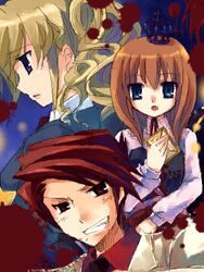  1boy 2girls blonde_hair blood blood_splatter blue_eyes brown_hair crown formal grin lowres multiple_girls oekaki red_eyes redhead short_hair smile suit suzushiro_kurumi umineko_no_naku_koro_ni ushiromiya_battler ushiromiya_jessica ushiromiya_maria 