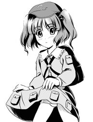  1girl backpack bag belt collar female flat_cap frilled_collar frills hair_bobbles hair_ornament hat kawashiro_nitori long_sleeves looking_at_viewer monochrome pocket simple_background solo touhou two_side_up white_background yamaguchi_takashi yamaguchi_yuu 