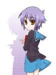  1girl cardigan kamoi_hayato nagato_yuki purple_hair school_uniform serafuku short_hair solo suzumiya_haruhi_no_yuuutsu 