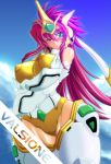  1girl armor artist_request banpresto blush breasts circlet clouds crossed_arms erect_nipples green_eyes huge_breasts long_hair mecha_musume pink_hair sky smile solo super_robot_wars super_robot_wars_the_lord_of_elemental thigh-highs valsione valsione_r 