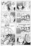  1boy 3girls 4koma :&gt; :&lt; anger_vein angry banpresto bounce bouncing_breasts braid breasts clenched_hand comic directional_arrow emphasis_lines empty_eyes face_punch foreshortening hard_translated ibis_douglas in_the_face kusuha_mizuha monochrome multiple_4koma multiple_girls punching sanger_zonvolt seolla_schweizer shaded_face short_hair simple_background single_braid super_robot_wars translated triangular_headpiece wall white_background 