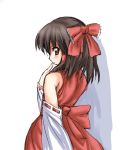  1girl bare_shoulders blush bow brown_hair detached_sleeves female finger_to_mouth hair_bow hair_tubes hakurei_reimu looking_at_viewer looking_back red_bow red_eyes red_ribbon red_skirt ribbon ribbon-trimmed_sleeves ribbon_trim ryokushiki_(midori-ya) simple_background skirt solo standing touhou vest 