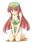  1girl barefoot beret blush braid breasts cleavage embarrassed female hat hong_meiling kneeling long_hair lowres midriff navel redhead skirt skirt_tug sleeveless solo star the_embodiment_of_scarlet_devil toshihiro touhou twin_braids vest 