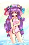  1girl :&lt; bow crescent female hat homura_subaru long_hair low-tied_long_hair one-piece_swimsuit patchouli_knowledge pink_bow purple_hair solo swimsuit tied_hair touhou 