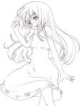  blush clenched_hand dress from_behind grin highres lineart long_hair looking_back monochrome original smile st+1 