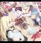  6+girls :o ;) ^_^ ahoge alice_margatroid black_hair blonde_hair blue_dress blue_hair blurry bow brown_hair buriki cirno closed_eyes depth_of_field dress elbow_gloves female frog from_above gap gloves hair_bow hairband hakurei_reimu hat horns ibuki_suika ice indoors kettle kirisame_marisa letterboxed long_hair lying mob_cap multiple_girls on_stomach one_eye_closed open_mouth orange_hair pouring puffy_short_sleeves puffy_sleeves short_sleeves smile spoiled_water tongue tongue_out touhou water white_gloves wink wristband yakumo_yukari 