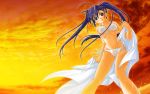  1girl akimoto_dai bikini blue_eyes breasts erect_nipples long_hair original purple_hair see-through small_breasts solo sunset swimsuit twintails wet 