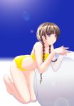  00s 1girl arched_back ball bandeau barefoot beachball bikini braid brown_hair grey_eyes hair_over_shoulder kneeling lens_flare long_hair maria-sama_ga_miteru navel sasaki_akira_(ugc) shimazu_yoshino solo strapless swimsuit tubetop twin_braids yellow_bikini 