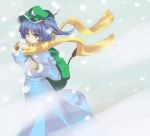  1girl backpack bag blue_hair female hair_bobbles hair_ornament hat kawashiro_nitori kukyo mittens scarf short_hair side_ponytail snow snowing solo touhou two_side_up violet_eyes winter yellow_scarf 