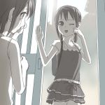  2girls ;d backpack bag crying crying_with_eyes_open dress eye_contact indoors looking_at_another monochrome multiple_girls muted_color one_eye_closed open_mouth original short_hair sliding_doors smile tears uni waving 