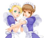  2girls blonde_hair blue_dress bonnet bow brown_eyes brown_hair dress frills green_eyes looking_at_viewer maid multiple_girls open_mouth original red_bow simple_background smile teeth white_background white_bow yuugiri yuugiri_(artist) yuugiri_(illustyard) 