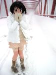 1girl animegao blush boots bridge cold cosplay gloves highres jacket kigurumi pantyhose photo photoshop skirt snow snowing solo zentai 