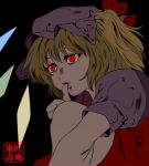  1girl aka_ringo azuma_shoujuan biting black_background blonde_hair bow death_note diamond_(shape) female flandre_scarlet frills glowing glowing_eyes hair_bow hat looking_away mob_cap one_side_up parody pink_lips puffy_short_sleeves puffy_sleeves red_bow red_eyes short_sleeves sitting slit_pupils solo thumb_sucking thumbs_up touhou wings 
