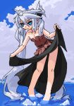  1girl bare_shoulders barefoot blue_eyes female flat_chest full_body ice lowres mof mof&#039;s_silver_haired_twintailed_girl oekaki original outdoors silver_hair skirt skirt_lift sky solo twintails water 