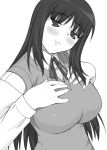  1girl :3 blush breasts kurusugawa_ayaka large_breasts long_hair monochrome naughty_face shichimenchou solo sweater_vest to_heart 
