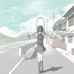  1girl aerial air_conditioner arms_up backpack bag building clouds from_behind guard_rail house kneehighs monochrome muted_color original pleated_skirt power_lines road shadow skirt sky solo stretch telephone_pole twintails uni 