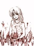  1girl blood blood_on_face higurashi_no_naku_koro_ni kuma_(crimsonvanilla) monochrome red solo sonozaki_shion yandere 