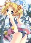  1girl arms_behind_back ass blonde_hair blue_eyes child clouds flat_chest hair_ribbon innertube kamishiro_midorimaru looking_back lowres one-piece_swimsuit outdoors palm_tree ribbon school_swimsuit short_hair short_twintails sky solo swimsuit tree twintails 