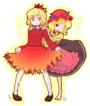  2girls aki_minoriko aki_shizuha apron barefoot blonde_hair blush bow buttons dai-oki dress fall feet female food fruit grapes hair_ornament hands_on_shoulders happy hat leaf leaf_hair_ornament leaf_on_head multiple_girls one_eye_closed open_mouth orange_eyes red red_dress red_eyes ribbon short_hair siblings simple_background sisters skirt skirt_lift smile socks standing touhou translation_request watermark wink 