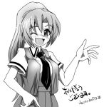  1girl ;d bangs blush breasts collared_shirt cowboy_shot dated hair_between_eyes hand_on_own_thigh hand_up high_ponytail higurashi_no_naku_koro_ni long_hair long_ponytail looking_at_viewer monochrome necktie nekorin nose_blush one_eye_closed open_clothes open_mouth open_vest parted_bangs pleated_skirt ponytail school_uniform shirt short_sleeves signature simple_background skirt smile solo sonozaki_mion very_long_hair vest waving white_background 