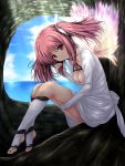  1girl angel_wings barefoot breasts cleavage clouds dress feet footwear hair_ribbon highres kneehighs ocean original outdoors pink_hair ribbon sitting sky smile socks solo thighs toeless_socks toes twintails uni8 violet_eyes water wings 