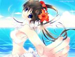  1girl 888 bikini blue_eyes bow brown_hair flower hair_flower hair_ornament head_tilt hibiscus long_hair looking_at_viewer midriff ocean outdoors outstretched_arms sky smile solo spread_arms swimsuit twintails watermark web_address white_bikini white_swimsuit 