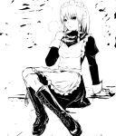  1girl akino_komichi apron boots bow braid breath cross-laced_footwear female full_body gloves hair_bow izayoi_sakuya long_skirt long_sleeves looking_at_viewer maid_headdress monochrome scarf shacchi sitting skirt solo touhou twin_braids 